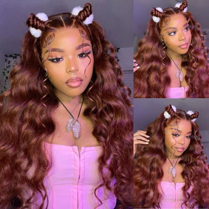 Special offer | 26inch = $137.69 Transparent Lace 4X4 New #33 Red Brown Auburn Color Wig Body Wave Human Hair Wig For Women