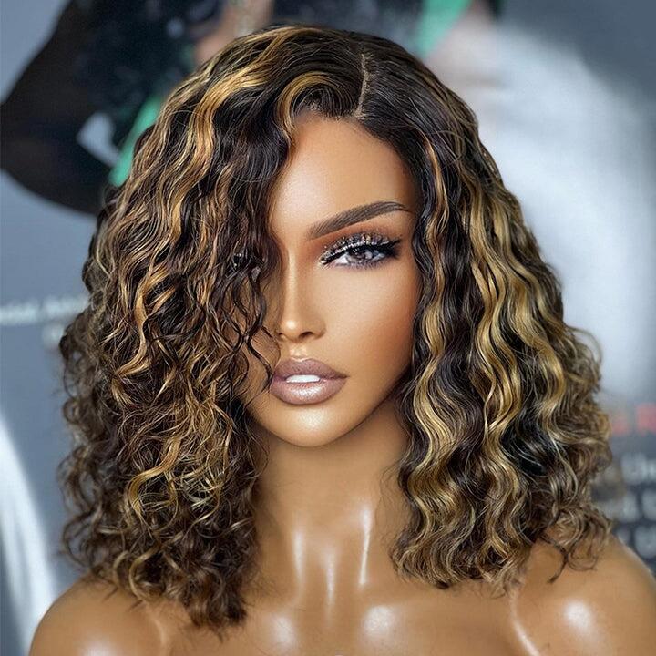 Megalook Highlight Honey Blonde Balayage Curly 13x4/13x6 Lace Front Bob Wig Side Part Glueless Human Hair Wig