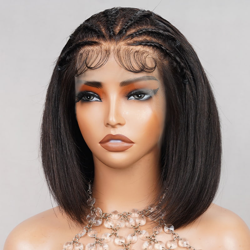 (Super Sale) Upgrade 13x4 Lace Frontal Bob Wigs With Bleached Knots Halo Braided Straight Human Hair