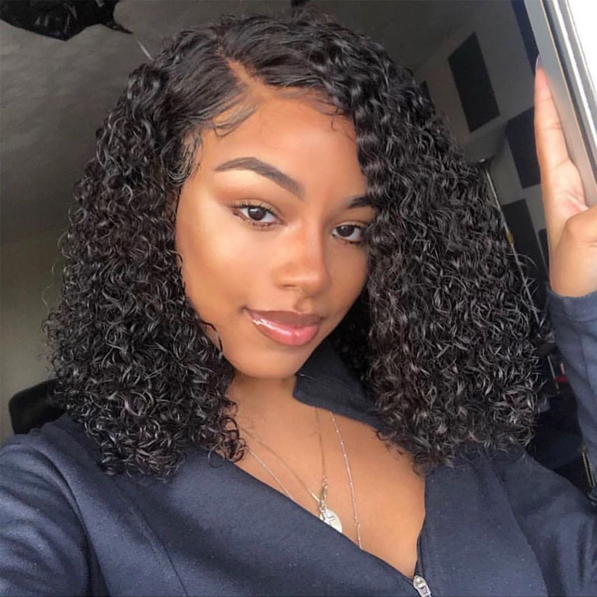 Celebrity Style Side Part Curly Glueless Lace Frontal Wigs For Women Black