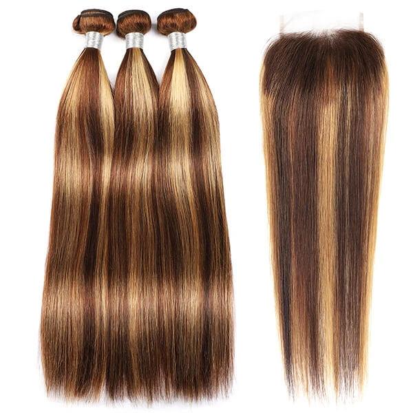 Megalook 10A Highlight P4/27 Bundles With Closure Straight 3 Bundles With Closure Brazilian Hair Weave Bundles With 4x4 Lace Closure