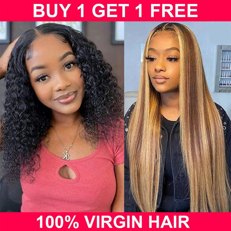 Megalook Buy One Get One Free $139.8 Get 18'' 4x4 Lace Closure Body wave Highlight P4/27 Color Wigs Plus 13x4 Lace Front Water Wave Bob