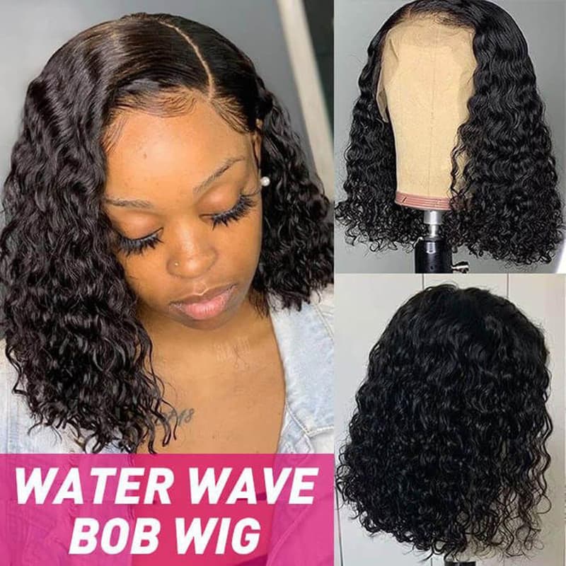 Megalook 8 INCHLace Frontal Water Wave Wig 13x4 Bob Wigs Curly Hair For Women Black