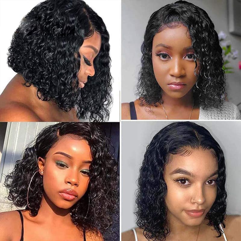 Megalook 8 INCHLace Frontal Water Wave Wig 13x4 Bob Wigs Curly Hair For Women Black