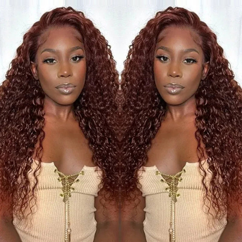 New #33 Red Brown Auburn Water Wave Human Hair Wig Hair Perfect Hair Color For Dark Skins 13x4 HD Lace Front Colored Wigs