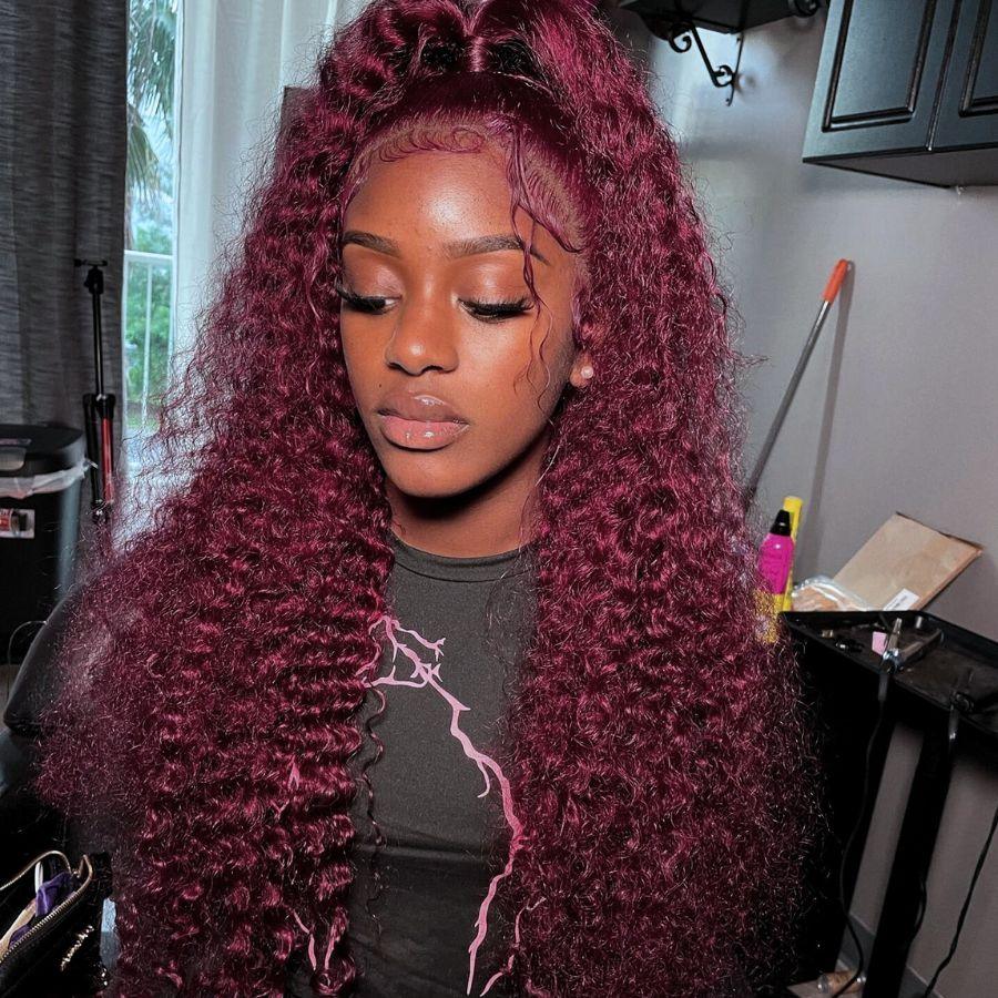 WOWANGEL 99J Burgundy Color 9X6 Wear Go Glueless Wig Curly HD Lace Wigs