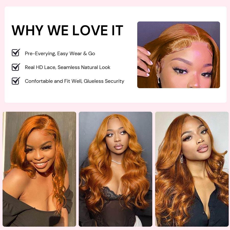 WOWANGEL 9X6 Wear Go Glueless Wig Ginger Color HD Lace Wigs Body Wave