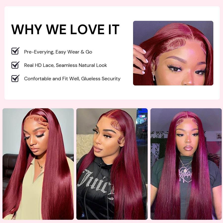 WOWANGEL 9X6 Wear Go Glueless Wig Plum Red HD Lace Wigs Straight Texture