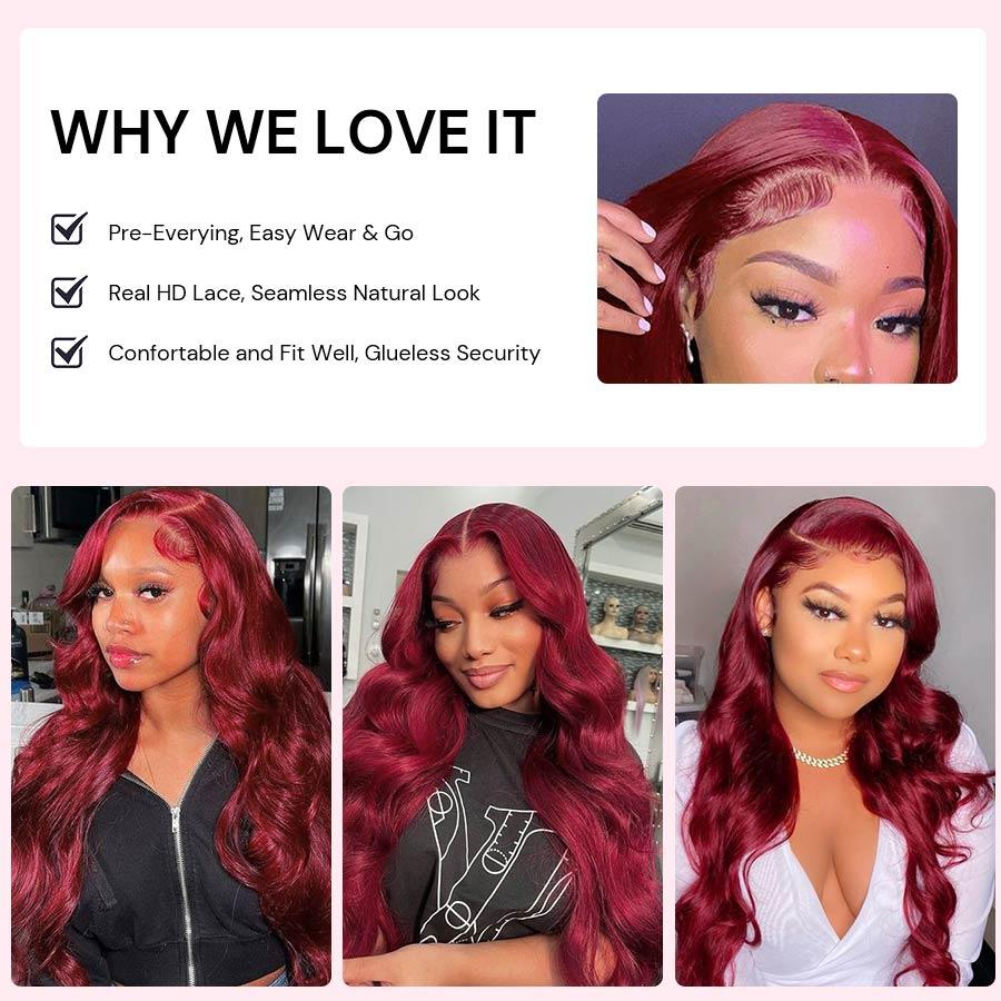 WOWANGEL 9X6 Wear Go Glueless Wig Plum Red HD Lace Wigs