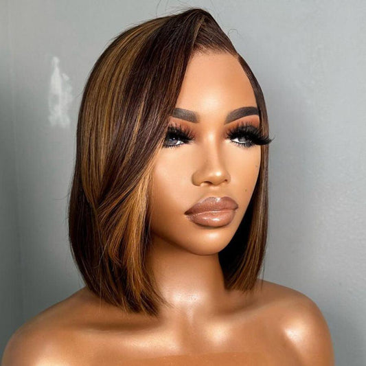 WOWANGEL Blonde Highlight Straight Short Bob Wig 5x5 HD Lace Closure Wig