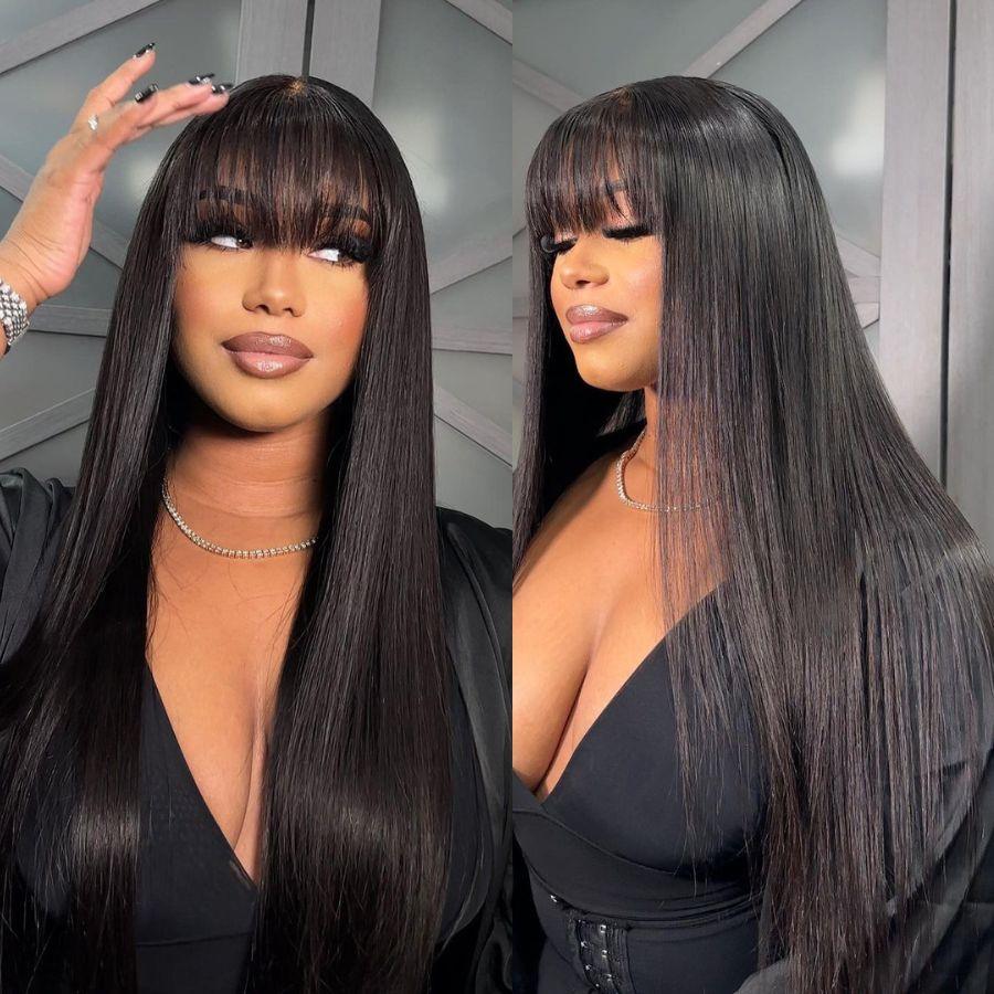 WOWANGEL Fringe Straight HD Lace Wear & Go Wig With Bangs Glueless Closure Wigs