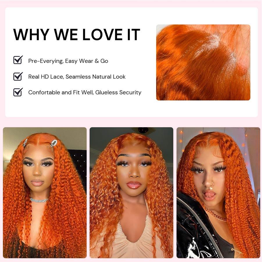 WOWANGEL Ginger Orange 5X5 HD Lace Closure Wig Curly Glueless Wigs