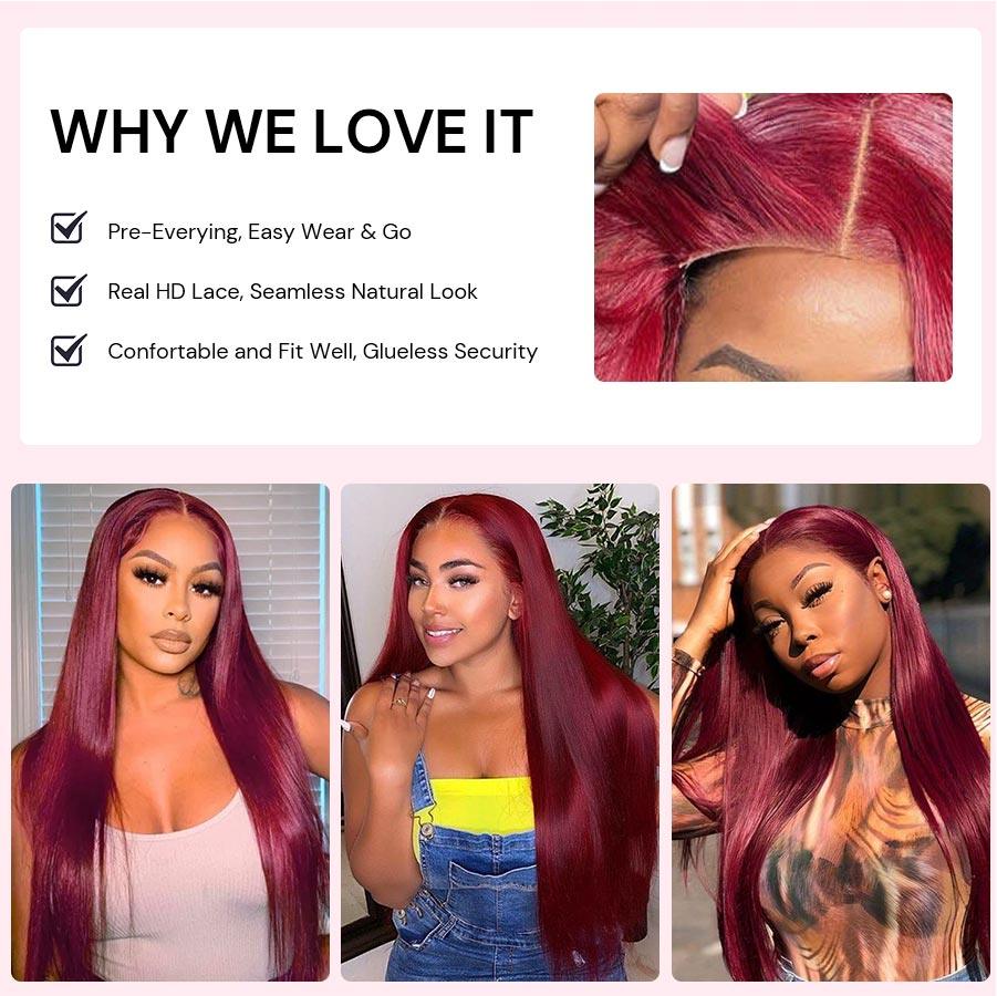 WOWANGEL Plum Red 5X5 HD Lace Closure Wig Straight Glueless Wigs