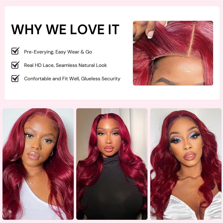 WOWANGEL Plum Red 5X5 HD Lace Closure Wig Body Wave Glueless Wigs