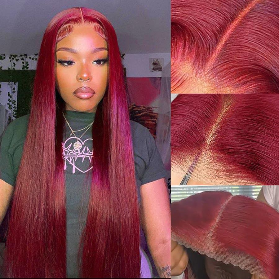 WOWANGEL Plum Red 5X5 HD Lace Closure Wig Straight Glueless Wigs