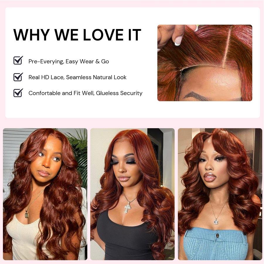 WOWANGEL Reddish Brown 5X5 HD Lace Closure Wig Body Wave Glueless Wigs