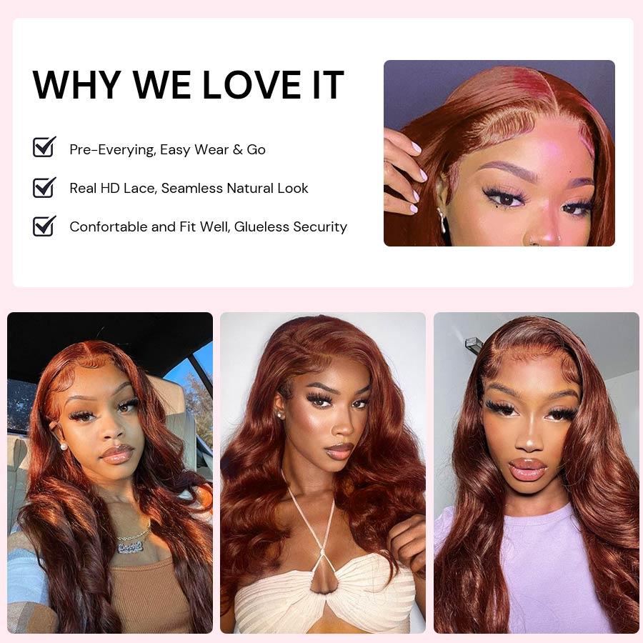 WOWANGEL Reddish Brown 9X6 Wear Go Glueless Wig HD Lace Wigs Body Wave