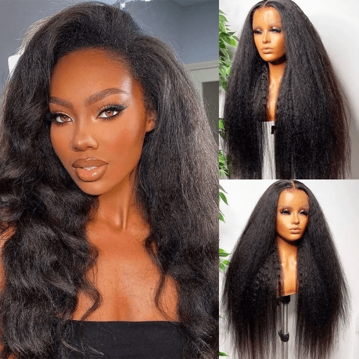 Megalook Yaki Straight Natual Black HD Lace 5x5 Crystal Lace Frontal 180% Density Pre Plucked Wigs