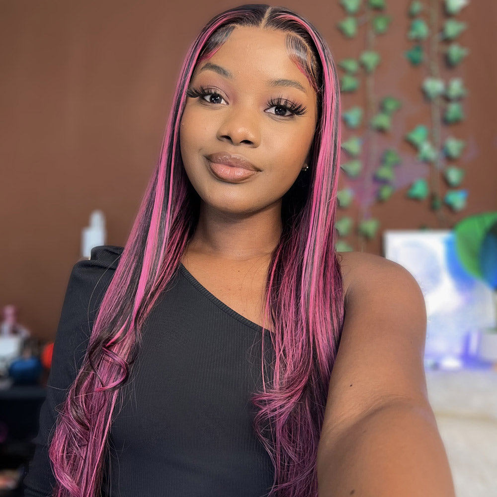 Megalook Transparent 13x4 Lace Front Wig Black Hair With Purple Highlights Straight/Body Wave Human Hair Wigs